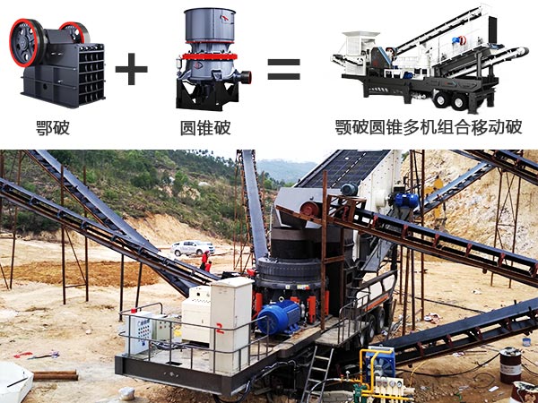 顎破圓錐多機組合移動破碎站及其作業(yè)現(xiàn)場